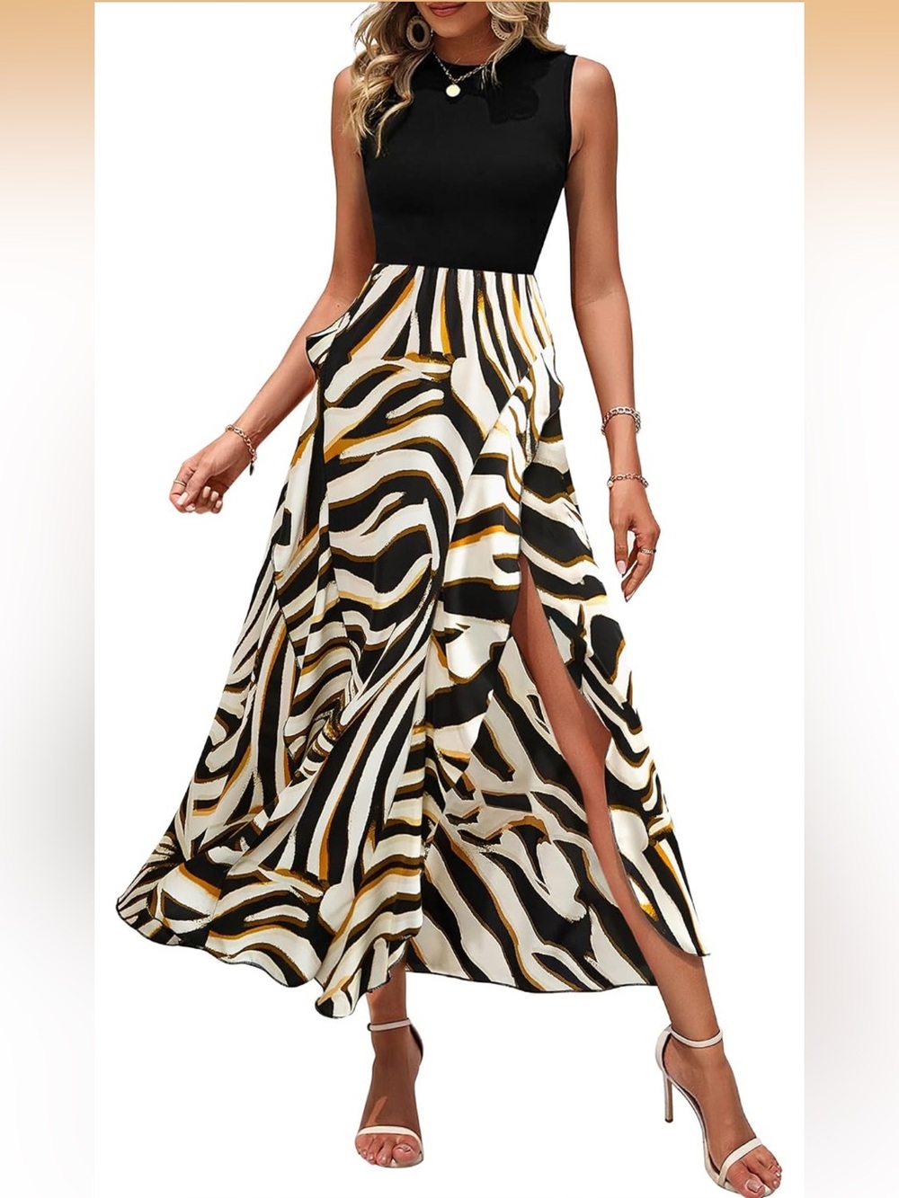 BTFBM Sleeveless Black & White Zebra Print Midi Dress with Gold Accents